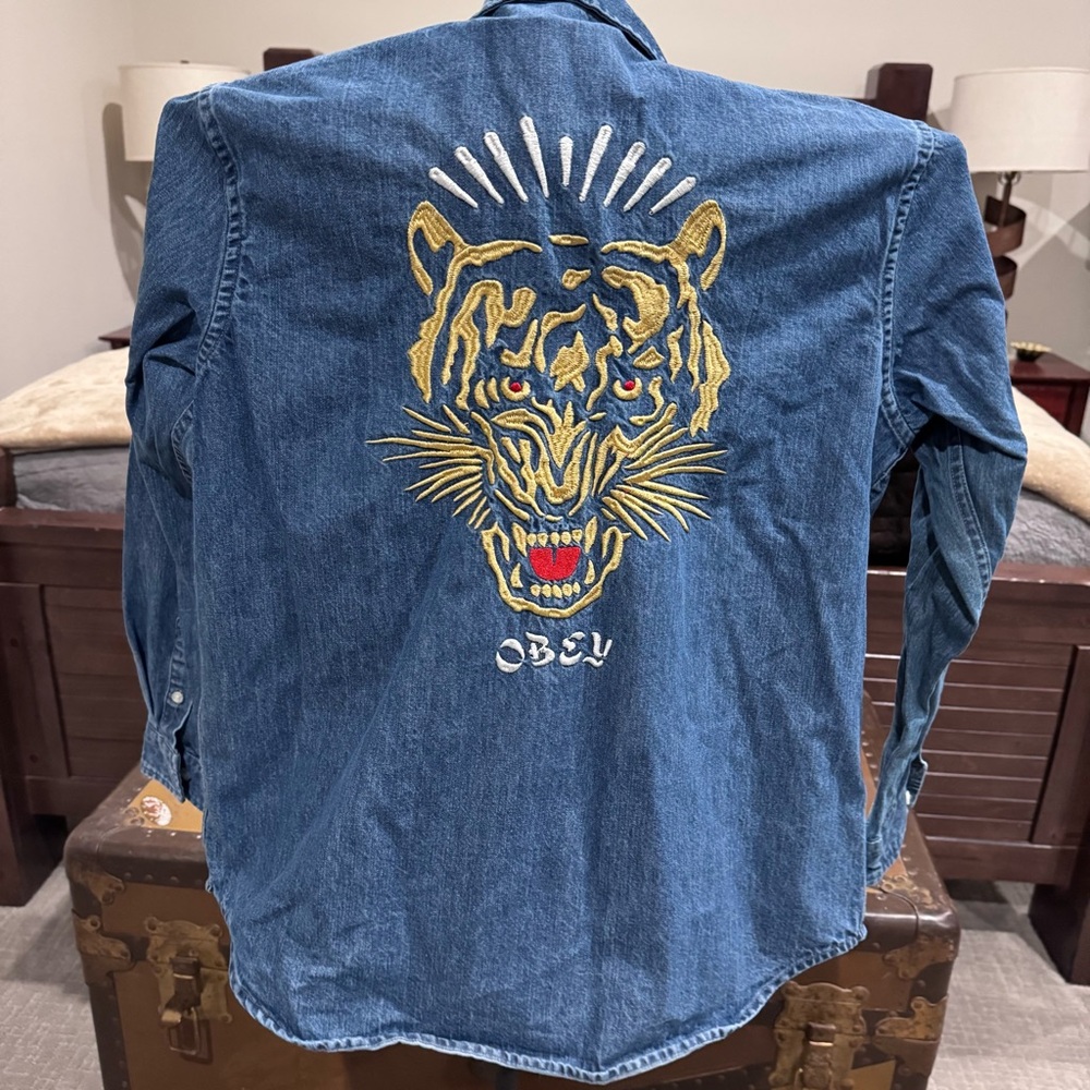 Women’s Obey Blue Denim Shirt with Gold and Red Tiger Embroidery M